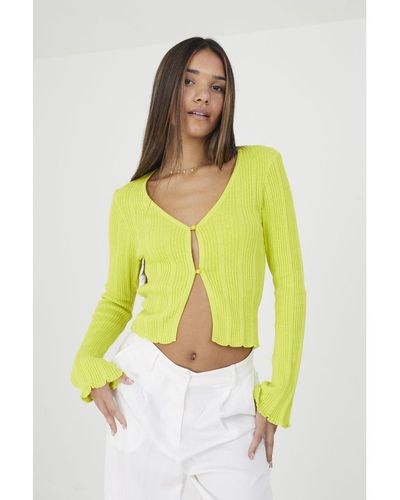 Brave Soul Lime 'Ripley' Ribbed Knitted Cardigan With Wide Sleeve - Yellow