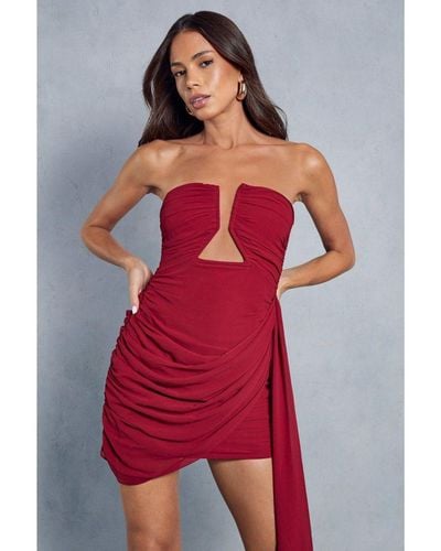 MissPap Chiffon Shaped Bust Wrap Ruched Bodycon Mini Dress - Red