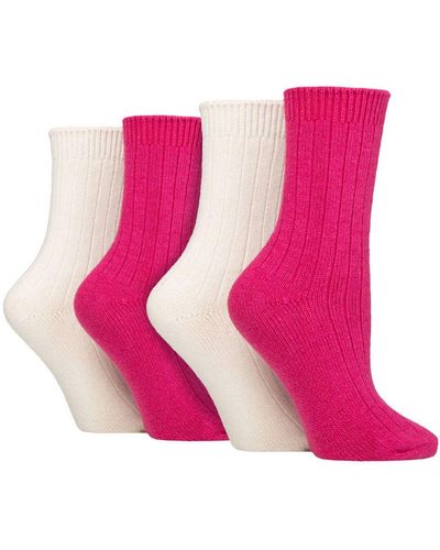 Wildfeet 4 Paar Dames Cashmere Boot Sokken | Ribgebreide Wollen Bed Sokken - Wijn / Room - Roze