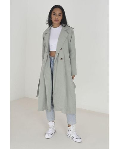 Brave Soul Pale Green Double-breasted Longline Trench Coat With Raglan Sleeves - Grey