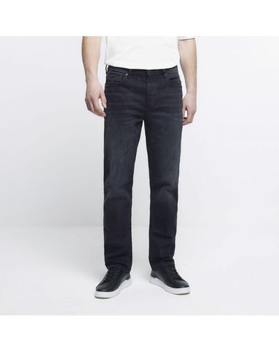 River Island Straight Jeans Black Button Fly Cotton - Blue