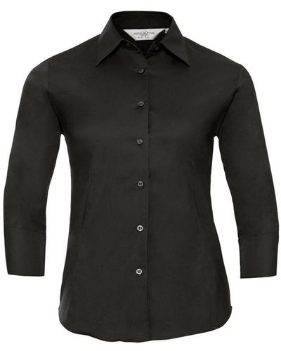Russell Collection Ladies/ 3/4 Sleeve Easy Care Fitted Shirt () - Black