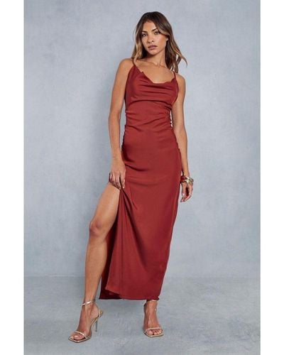 MissPap Premium Satin Cowl Neck Maxi Dress - Red