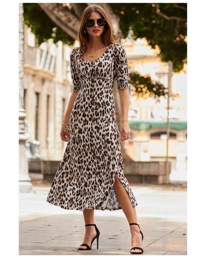 Sosandar Leopard Print Shirred Cuff Fit & Flare Midi Jersey Dress - Metallic