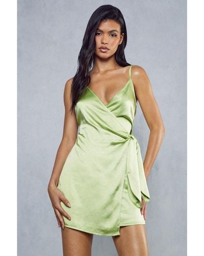 MissPap Premium Textured Satin Wrap Mini Dress - Green