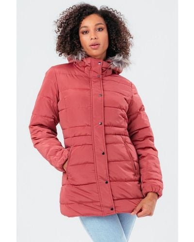 Hype Rosy Mid Length Padded Coat With Fur - Red