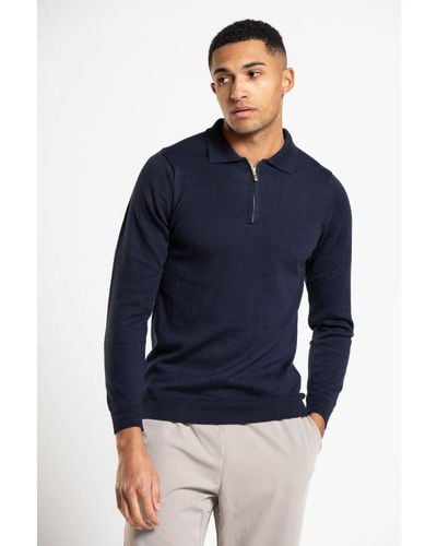 Jameson Carter 'Ford' Cotton Blend Long Sleeve Knitted Polo With 1/4 Zip - Blue