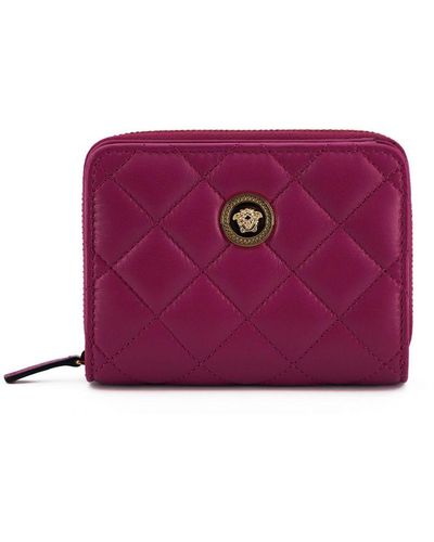 Versace Bifold Zip Around Wallet Quilted Nappa Leather Purple