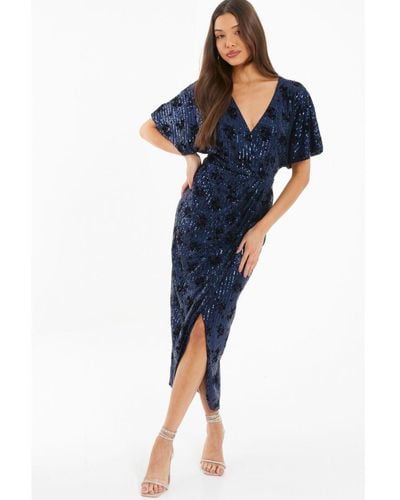 Quiz Floral Sequin Wrap Batwing Midi Dress - Blue