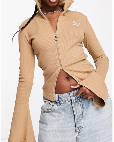 PUMA Ribbed High Neck Flare Sleeve Jacket In Tan - Blue