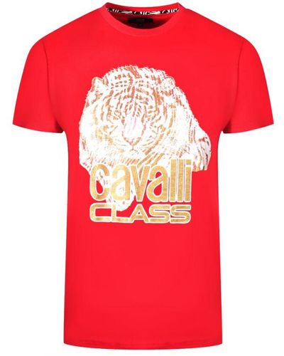Class Roberto Cavalli Large Tiger Logo Red T-shirt Cotton