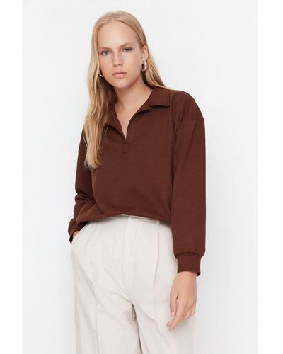 Trendyol Vrouwen Polo Nek Off-shoulder Sweatshirt - Bruin