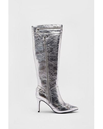 Warehouse Leather Metallic Zip & Stud Pointed Toe Knee High Boots - White