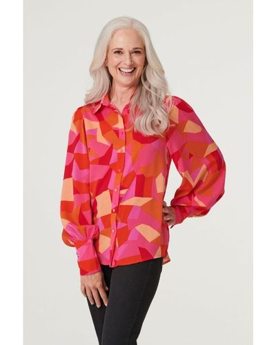 Izabel London Pink Abstract Print Puff Sleeve Shirt - Red