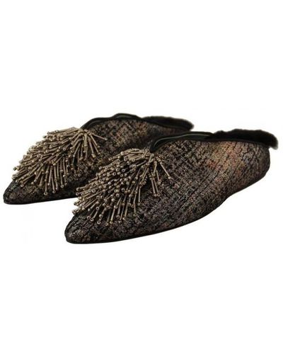 Paola D'arcano Jacquard Leather Embellished Slip On Shoes - Brown