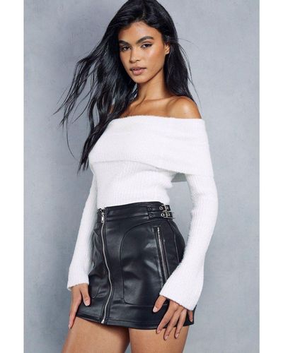 MissPap Leather Look Zip & Buckle Detail Micro Mini Skirt - White