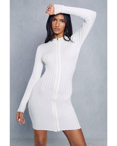 MissPap Knitted Ribbed Zip Through Mini Dress - White