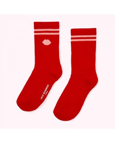 Lulu Guinness Lip Blot Ribbed Ankle Socks Cotton - Red