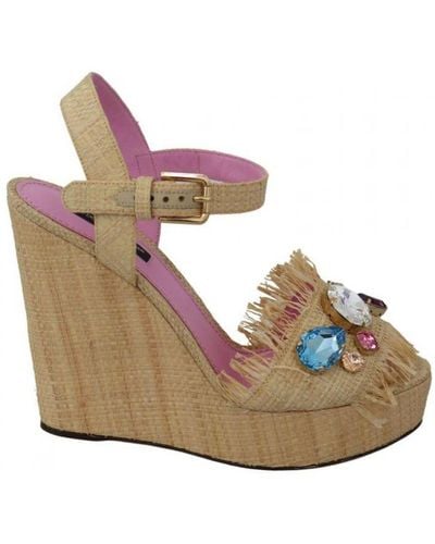 Dolce & Gabbana Rhinestones Wedge Heel Sandals Shoes Silk - Metallic