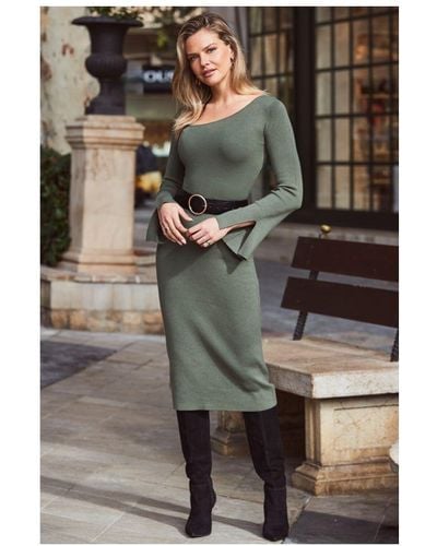 Sosandar Khaki Asymmetric Neckline Rib Knit Dress - Green