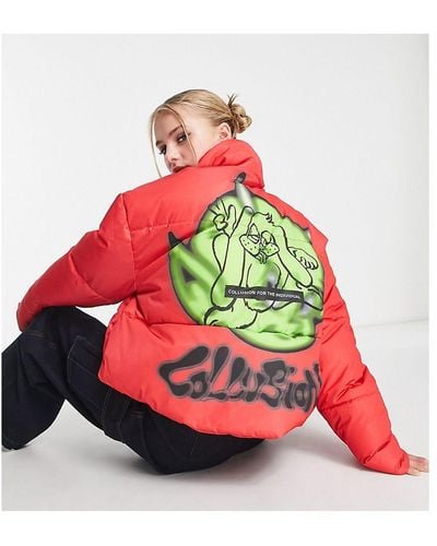 Collusion Cropped Puffer Coat With Graphic Print - Red