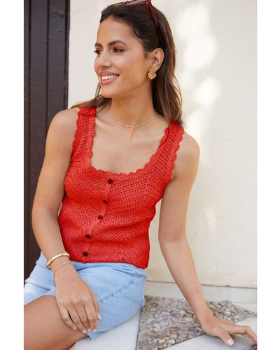 Threadbare 'Katrina' Mock Button Down Crochet Knitted Vest Denim - Red