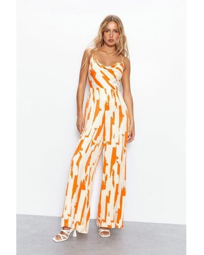 Warehouse Abstract Print Satin Cowl Strappy Jumpsuit Viscose - White