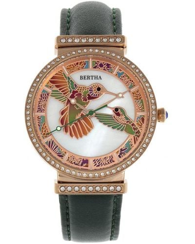Bertha Emily Mother-Of-Pearl Leather-Band Watch - Metallic