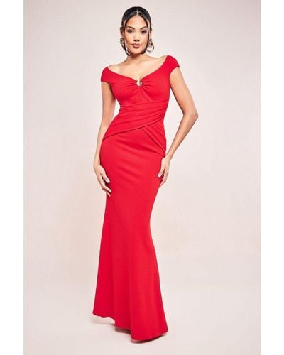 Goddiva Bardot Pleated Maxi With Metal Trim Dress - Red