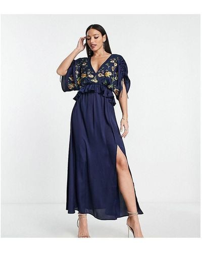 ASOS Design Embroidered Satin Midi Dress With Frill Waist - Blue