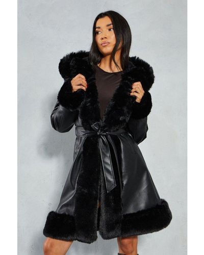 MissPap Faux Fur Leather Look Belted Midi Length Coat - Black