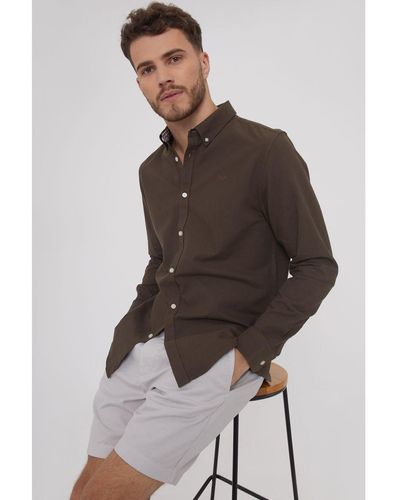 Threadbare Oxford Cotton 'Beacon' Long Sleeve Shirt - Brown