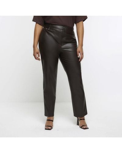 River Island Straight Trousers Plus Brown Faux Leather Viscose - Black