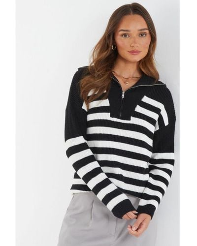 Quiz Knitted Stripe Zip Jumper - White