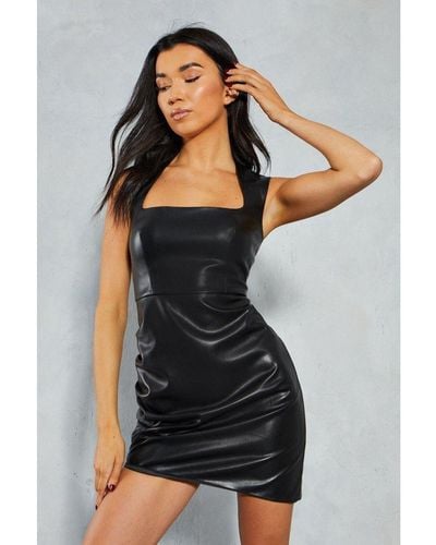 MissPap Premium Leather Look Square Neck Ruched Mini Dress - Black