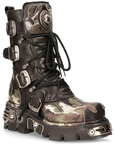 New Rock Flame Accented Camouflage Leather Biker Boots- M-591-S15 - White