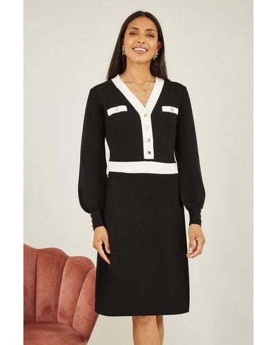 Yumi' Knitted Shirt Dress With Contrast Detail Viscose - Black