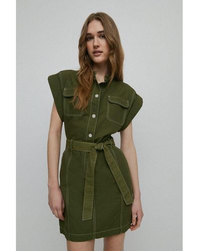 Warehouse Twill Belted Patch Pocket Mini Dress - Green