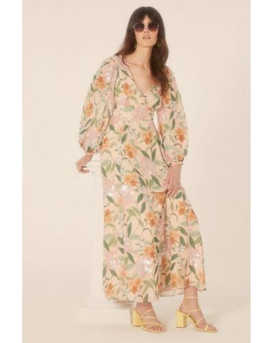 Oasis Sequin Floral V Neck Midi Dress - Natural