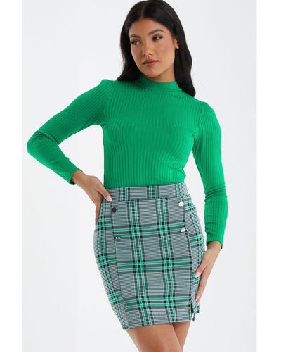 Quiz Check Button Mini Skirt - Green
