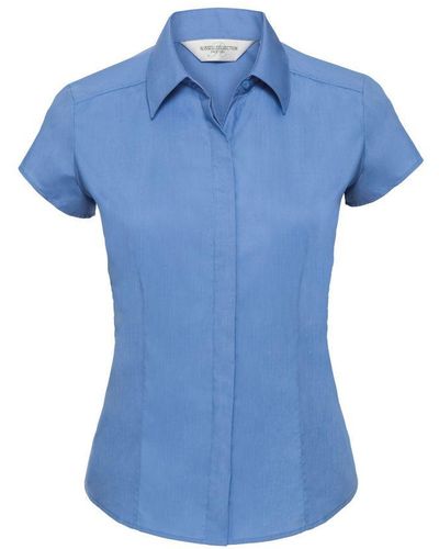 Russell Collection Ladies Cap Sleeve Polycotton Easy Care Fitted Poplin Shirt (Corporate) - Blue