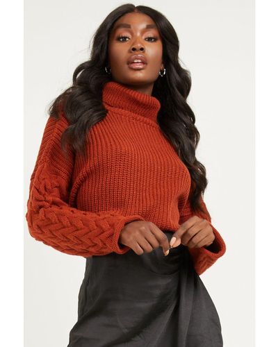 Quiz Rust Knitted Roll Neck Crop Jumper - Red