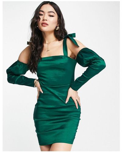 Naanaa Bardot Puff Sleeve Satin Bodycon Dress - Green