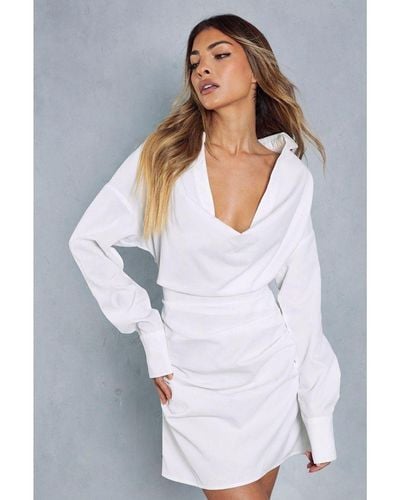 MissPap Poplin Cowl Neck Ruched Waist Shirt Dress - White