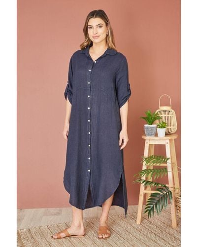 Yumi' Italian Linen Relaxed Midi Shirt Dress With Turn Up Sleeves - Blue