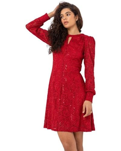Roman Lace Sparkle Swing Dress - Red
