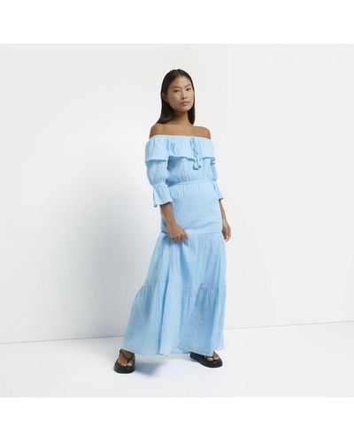 River Island Bardot Maxi Dress Petite Nola Cotton - Blue