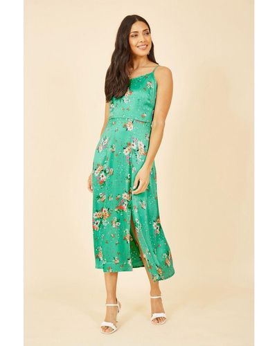 Yumi' Satin Floral Midi Slip Sundress - Green