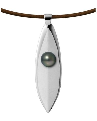 Blue Pearls Pearls Tahitian Pearl Surfboard Leather Necklace And 925 Sterling - White