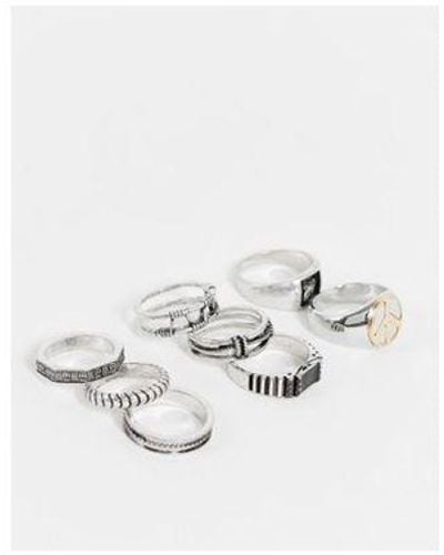 ASOS 8 Pack Mixed Ring Set With Embossing And Peace Sign - White